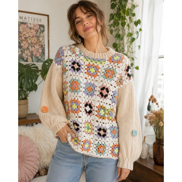 Listicle Sweaters - Listicle Granny Square Crochet Sweater S Boho Cottagecore Balloon Sleeve